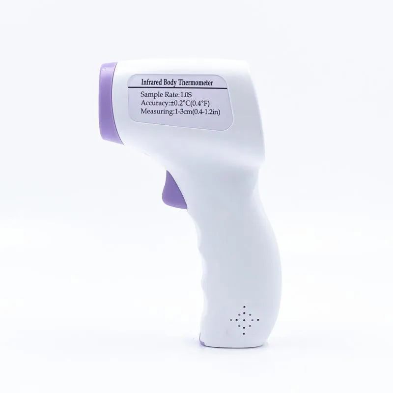 White digital infrared thermometer with LCD screen displaying temperature and colour-coded fever alert.
