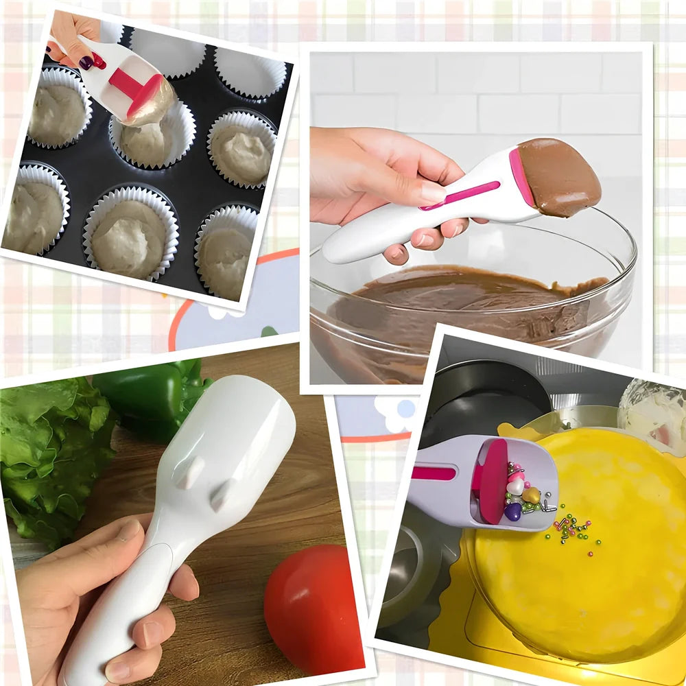 19.5cm long cake batter scoop with push-button mechanism and non-stick surface for consistent cupcake portioning