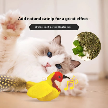 Bird simulation cat plush toy in four summer colour designs: colourful bird, sparrow, blue kingfisher and yellow bird