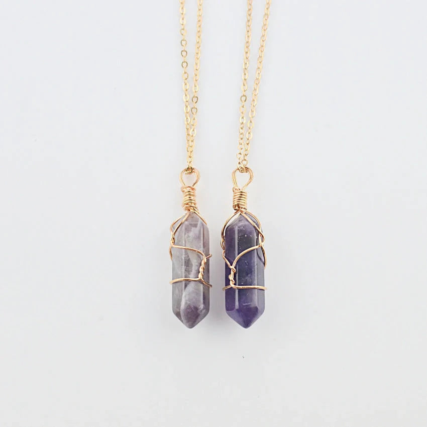 Geometric hexagonal quartz pendant necklace in various colors with copper wire and gold chain