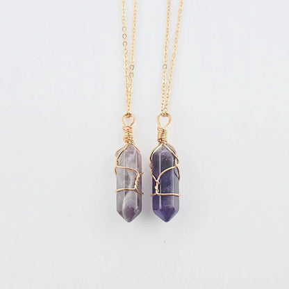 Geometric hexagonal quartz pendant necklace in various colors with copper wire and gold chain