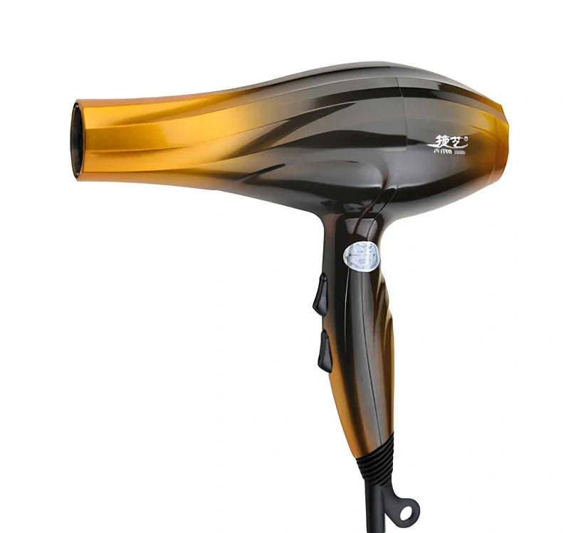 Pink and yellow Heat Super Speed Blower hair dryer with concentrator nozzle showing 2200W motor specifications