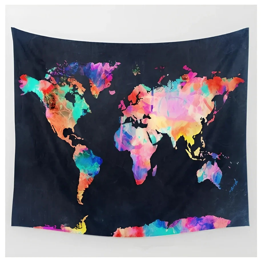 Geometric world map tapestry wall hanging measuring 100x150cm to 230x150cm with rectangular shape