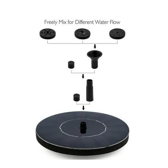 Black solar floating fountain pump with 4 nozzle heads for garden ponds and birdbaths