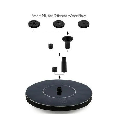 Black solar floating fountain pump with 4 nozzle heads for garden ponds and birdbaths