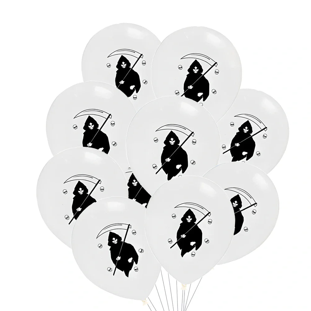 Halloween balloon decoration set with 10 printed latex balloons showing ghost and skeleton designs
