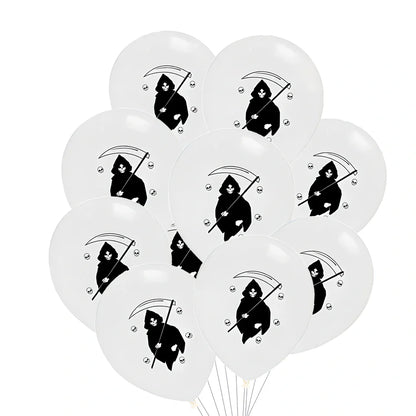 Halloween balloon decoration set with 10 printed latex balloons showing ghost and skeleton designs