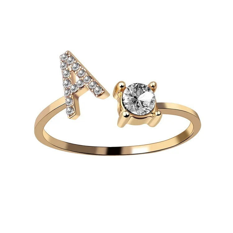 Personalized Initial Letter Adjustable Ring made of copper alloy and zircon, showcasing a vintage-inspired design