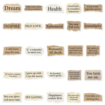 Torn English decorative stickers set showing 25 PVC adhesive stickers in 4-7cm sizes with matte finish