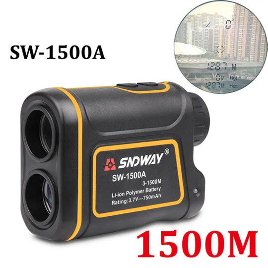 Outdoor handheld golf rangefinder with 1500m range, compact design, and display showing distance measurement