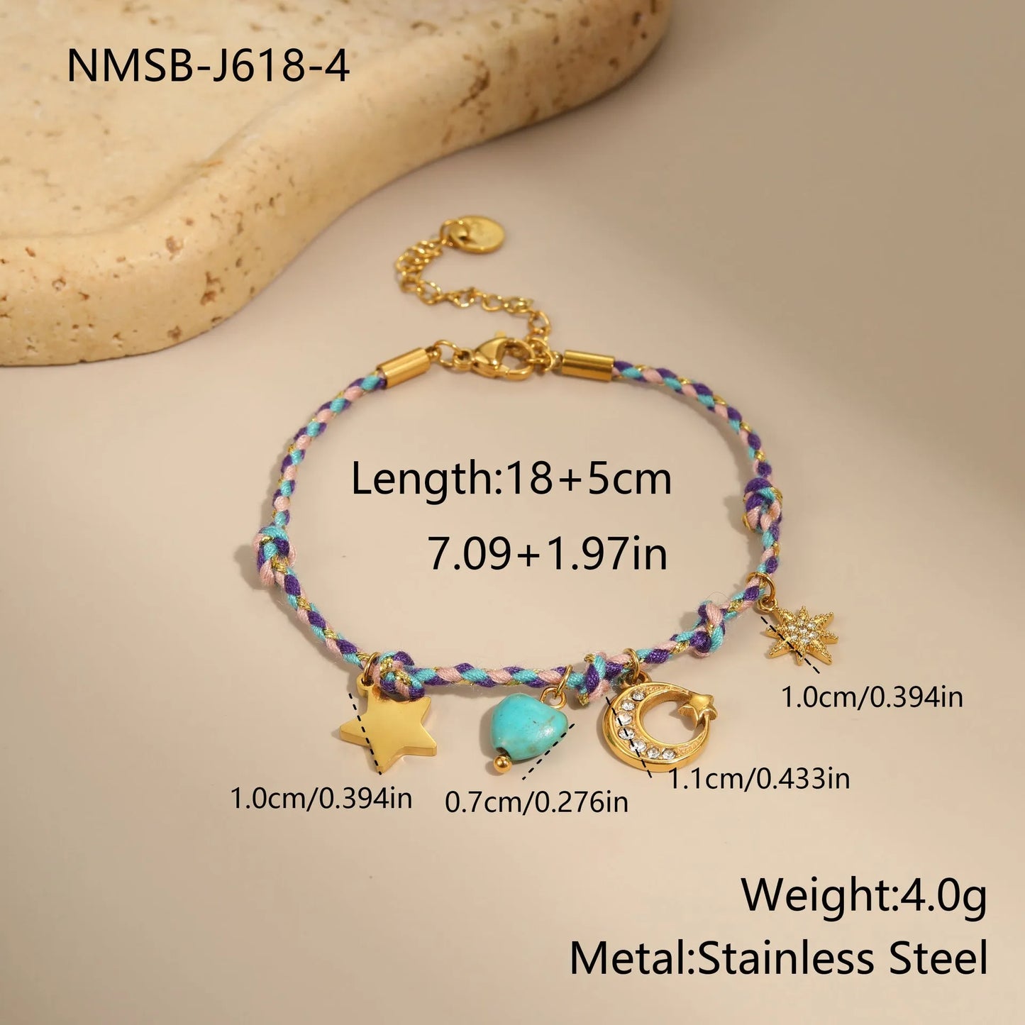 Handmade braided rope titanium steel necklace and bracelet with heart pendant on 18K gold plated chain.