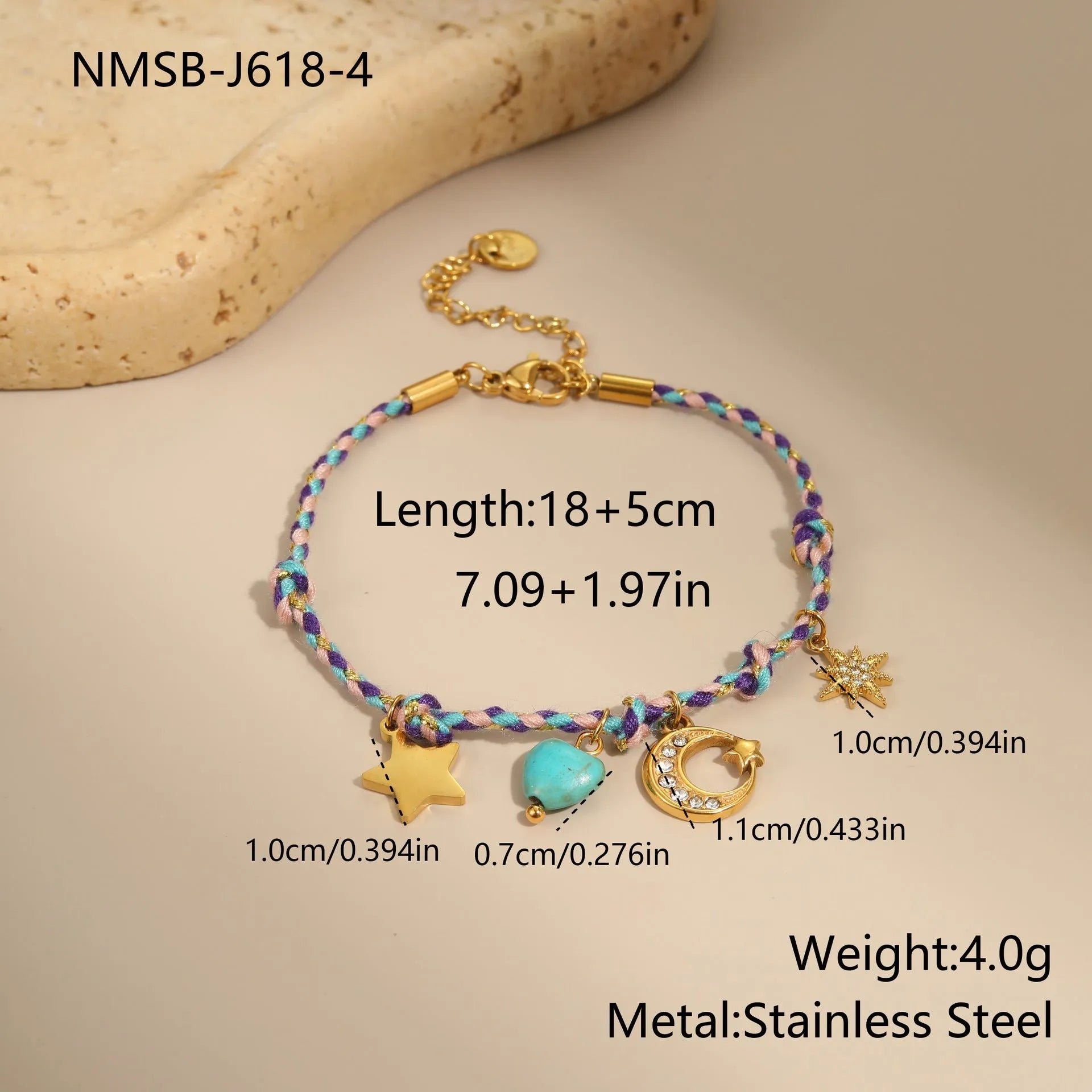 Handmade braided rope titanium steel necklace and bracelet with heart pendant on 18K gold plated chain.