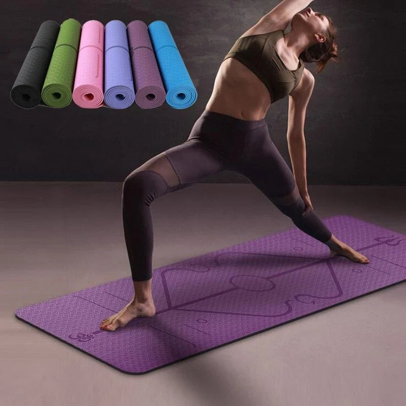 Premium non-slip yoga mat with printed alignment lines for improved form and stability during yoga practice