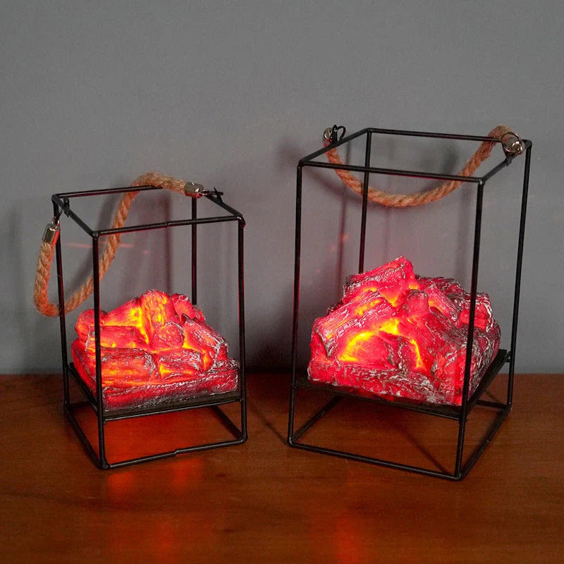 LED Flame Fireplace Lamp with simulated charcoal effect, creating a cozy and inviting ambiance in a living room.