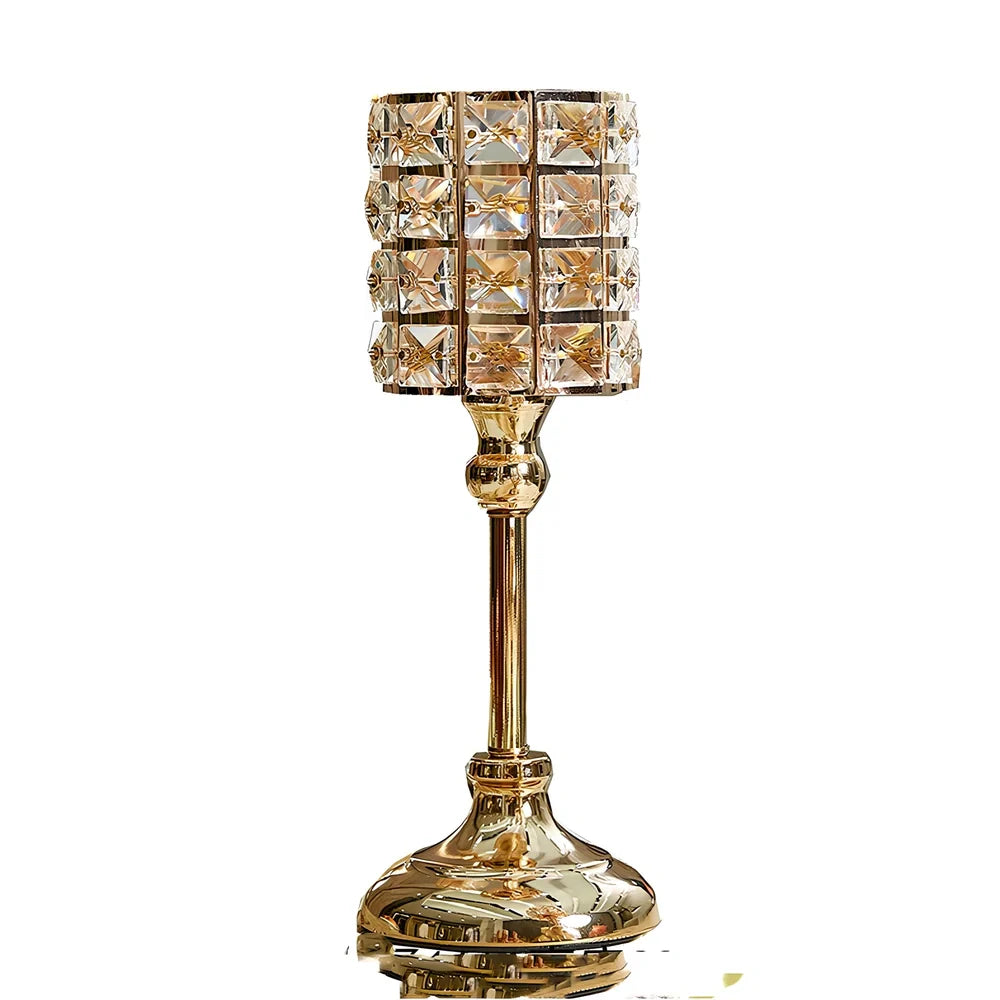 Three golden metal candle holders in small 21 cm, medium 31 cm, and large 36 cm sizes with 11x11 cm bases for table decor