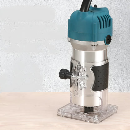 800W electric wood polishing trimmer with aluminium casing on a wooden workbench.