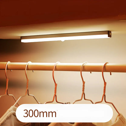LED sensor light bar showing motion detection range and multiple size options from 9cm to 52cm