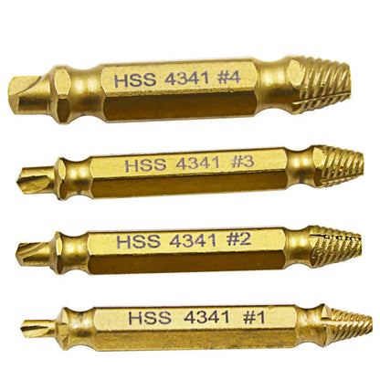 4341 high-speed steel screw extractor set with multiple sized tools on a workbench.