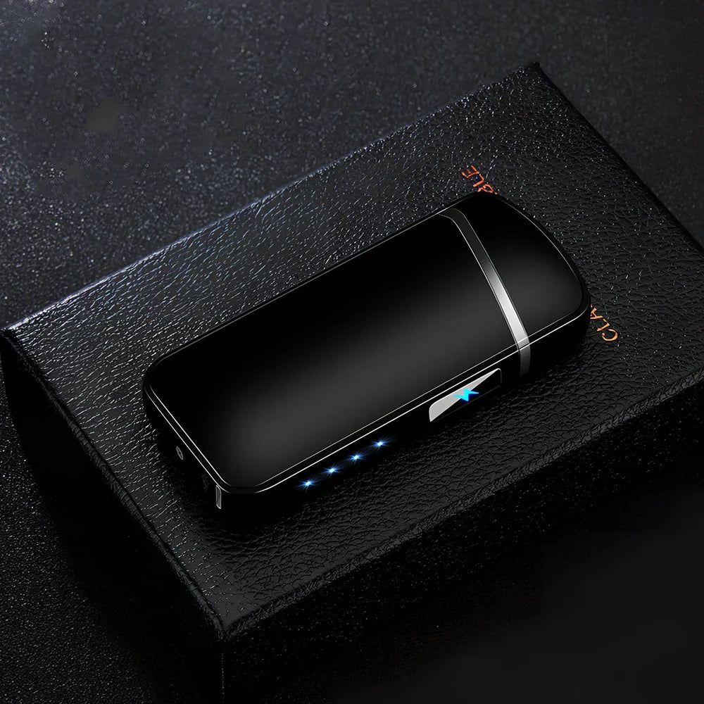 Zinc alloy charging lighter in black brushed finish, 80x35x13 mm with windproof arc and USB port