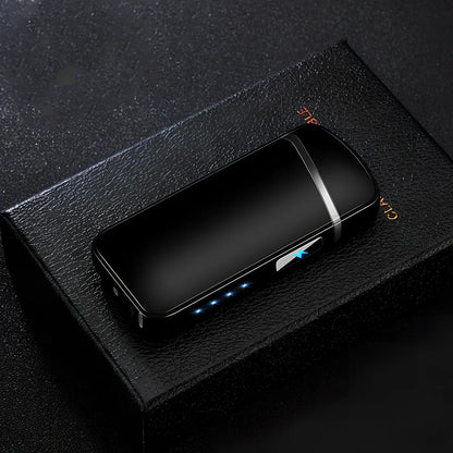 Zinc alloy charging lighter in black brushed finish, 80x35x13 mm with windproof arc and USB port