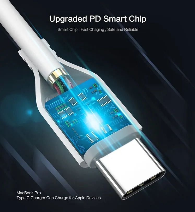 White one-metre USB-C to Lightning charging cable for iPhone on a plain background