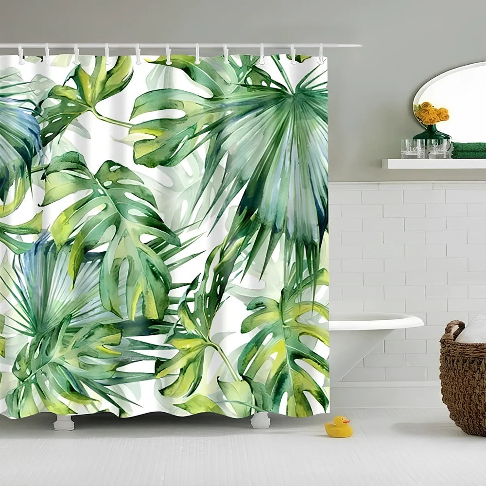 Tropical shower curtain with green and white design, digital printing technology, multiple size options for bathrooms