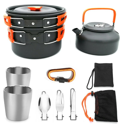 Outdoor camping cookware set with saucepan, frying pan, teapot, and stainless steel cups in mesh storage bag