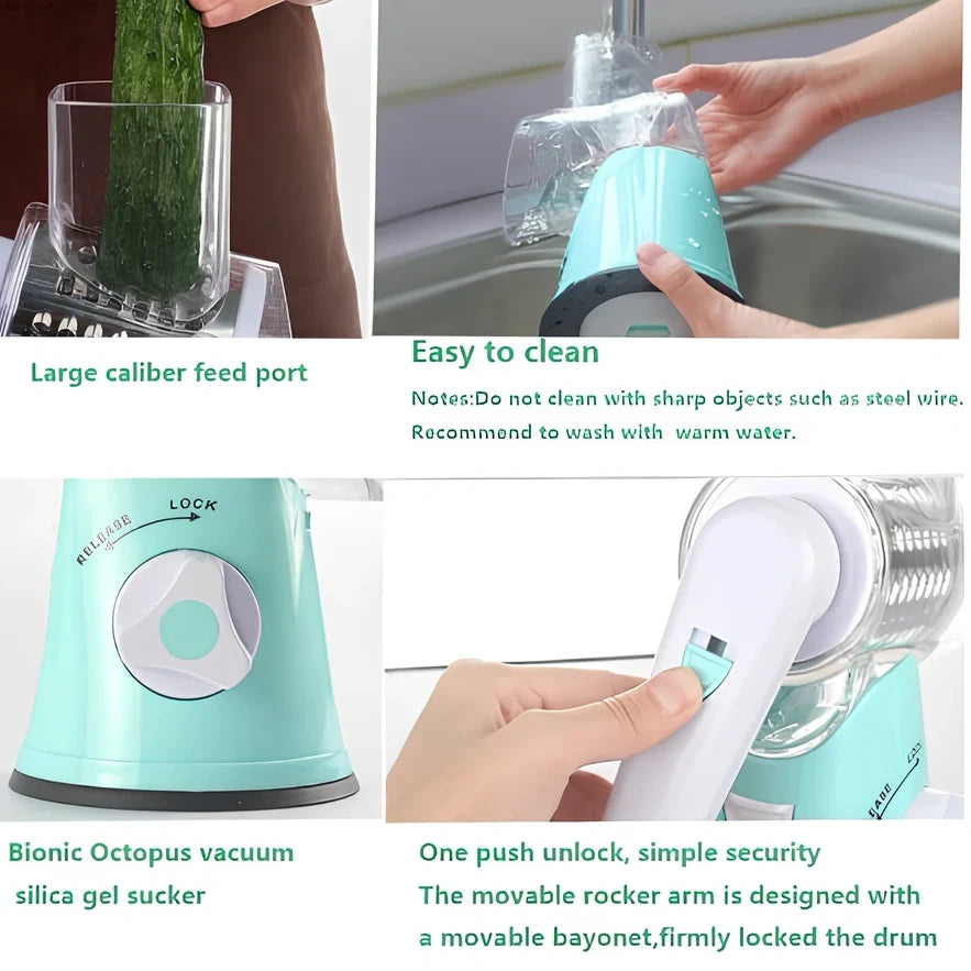 Blue hand drum rotary grater with stainless steel blades for cutting vegetables