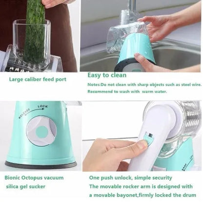 Hand drum rotary grater with handle and food-grade stainless steel blades, shown in Blue, Green or Red for cutting carrots and potatoes.