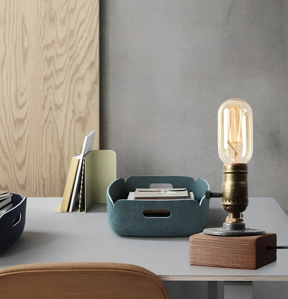 Water pipe table lamp with wood and iron construction measuring 9cm wide by 13cm tall