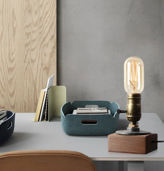 Water pipe table lamp with wood and iron construction measuring 9cm wide by 13cm tall