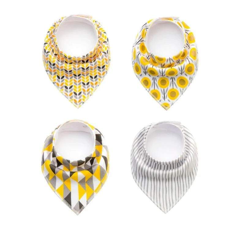 Stylish baby bibs and burp cloths featuring trendy arrow, wave, and triangle designs in soft, absorbent cotton
