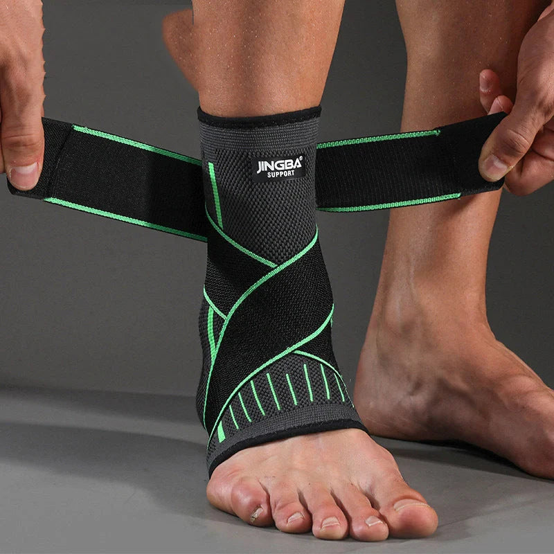 Nylon sports compression ankle protector in black, green, and orange for enhanced mobility and support