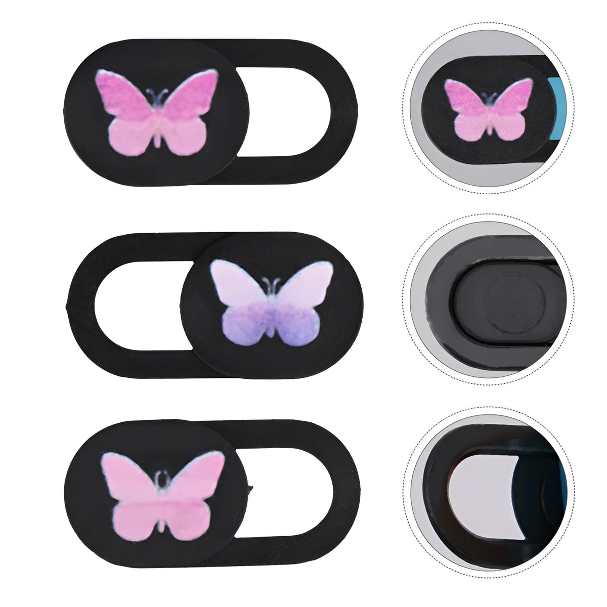 Black ABS webcam cover slider for laptops and tablets, 1.5cm x 0.5cm x 0.1cm, with strong adhesive tape