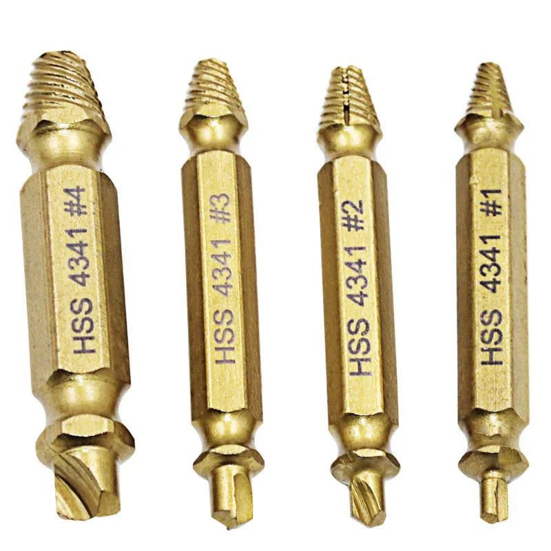 4341 high-speed steel screw extractor set with multiple sized tools on a workbench.