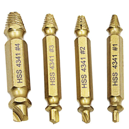 4341 high-speed steel screw extractor set with multiple sized tools on a workbench.