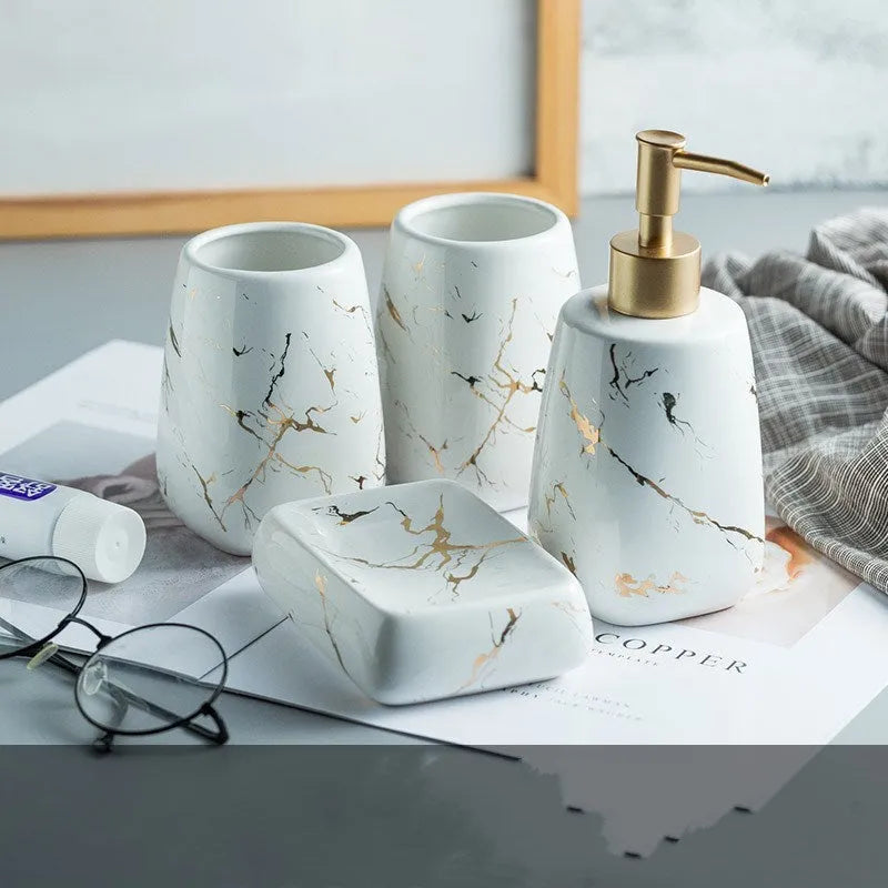 Ceramic bathroom wash set in porcelain with decal decoration, available in black, blue or white colours