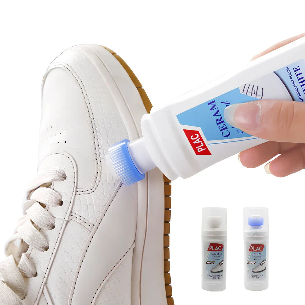 White liquid decontamination shoe cleaner bottle for stain removal and bacterial reduction on footwear