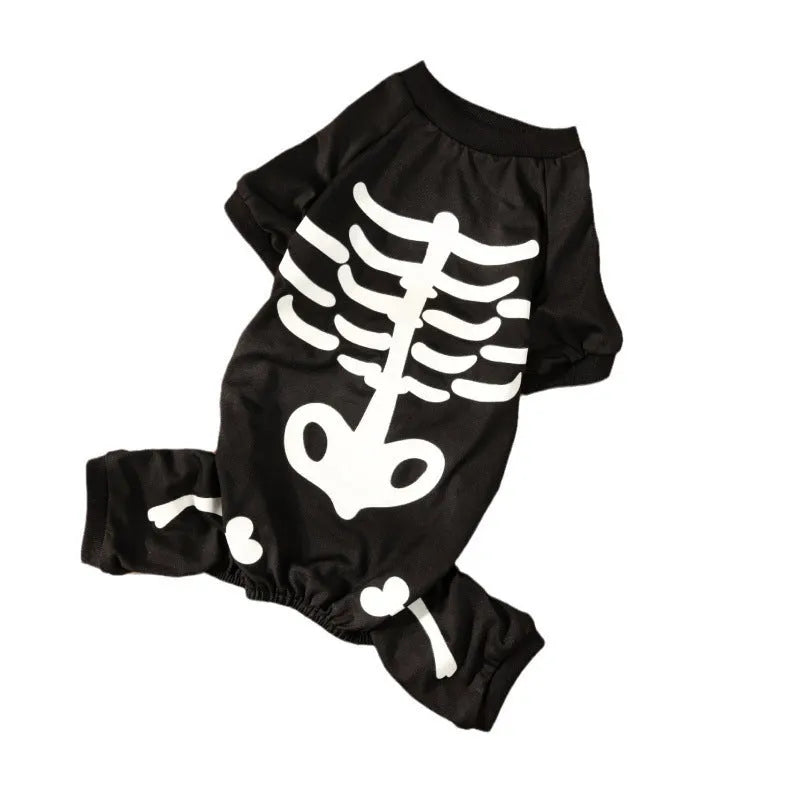 Halloween luminous skeleton bones four-legged pet costume for dog or cat in milk silk or sweater fabric.