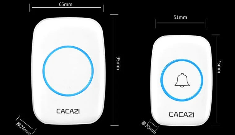 White wireless plug-in doorbell receiver and black battery-powered transmitter placed by a front door.