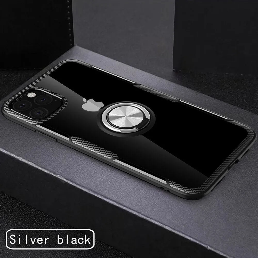 iPhone 11 Pro Max case with car holder arm in navy blue, showing PU material and button access.
