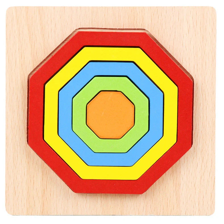 Wooden geometric puzzle with 10 shape graphics in red, yellow, blue, green, and orange colours
