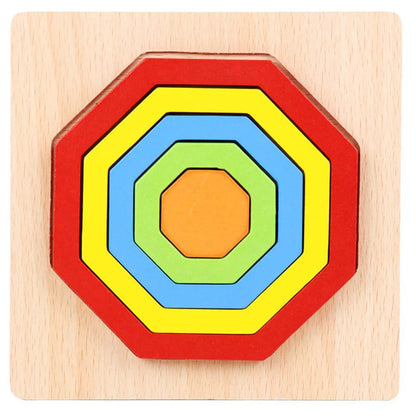 Wooden geometric puzzle with 10 shape graphics in red, yellow, blue, green, and orange colours
