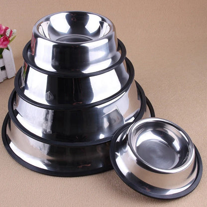 Stainless steel pet bowls with non-slip base, available in multiple sizes for all pets