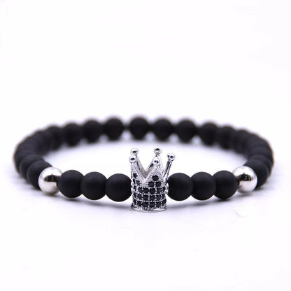 Micro-inlaid crown 6mm matte black and copper bead bracelet with zircon inlays