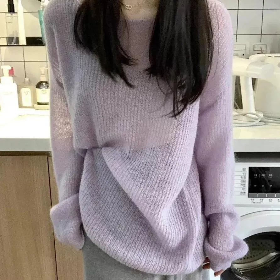 Women's purple blouse with round neck and princess sleeves, made from lightweight ice silk fabric