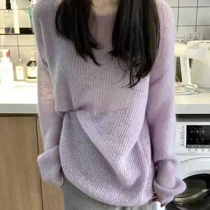 Women's purple blouse with round neck and princess sleeves, made from lightweight ice silk fabric
