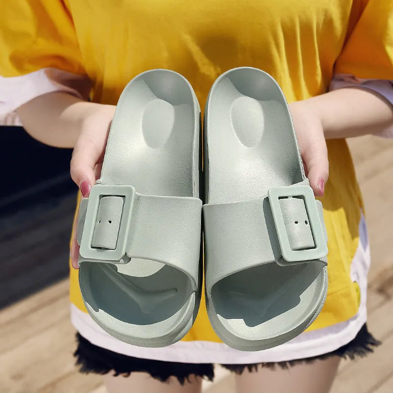 Women's grey blue flip-flop slippers with adjustable buckle and 1.5cm EVA sole