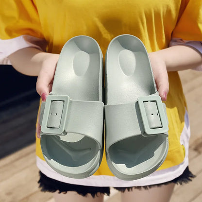 Women's grey blue flip-flop slippers with adjustable buckle and 1.5cm EVA sole