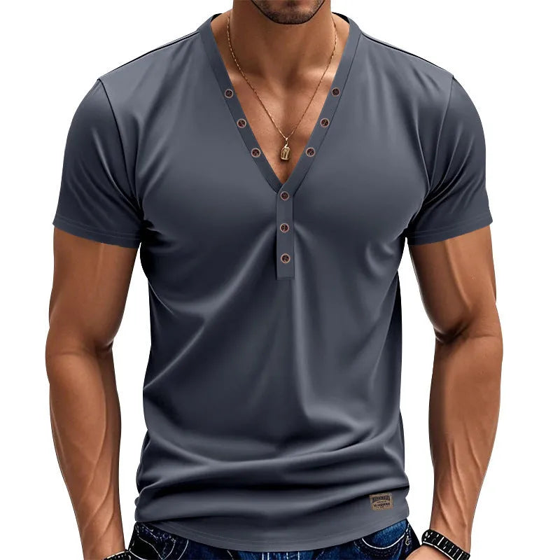 Men's loose V-neck pullover top with button detail in a solid colour.